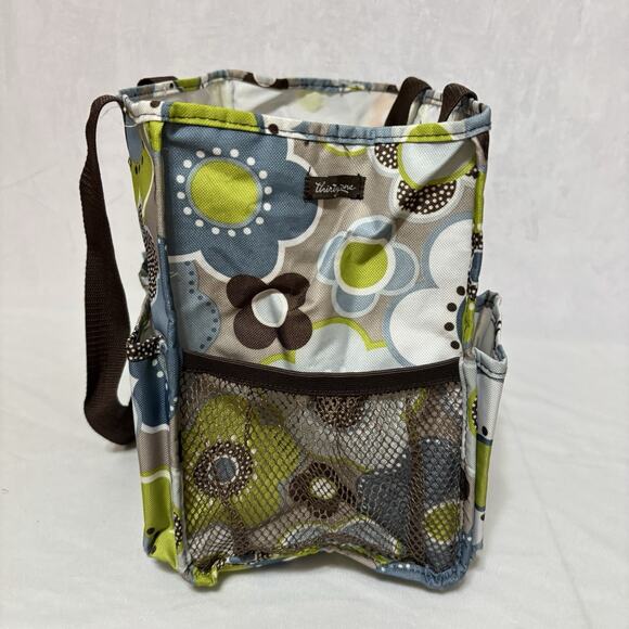 Thirty One Organizing Utility Tote Green Brown Floral 15 x 10 x 6 Pockets A - Picture 3 of 5